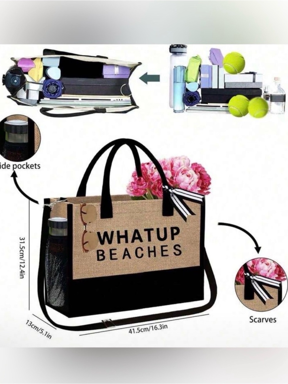 Straw Tote Bag and Pouch Set - Black Trim - Picture 3 of 3